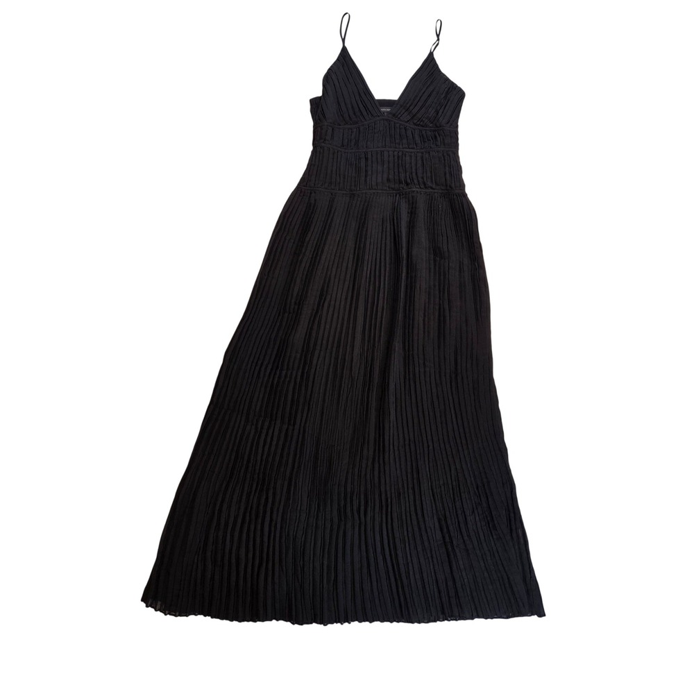 Banana Republic Black Pleated Maxi Dress Plunge V-Neck Linen Blend Size 10 - Picture 1 of 9